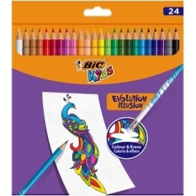 BIC Spalvoti pieštukai su trintuku Kids Evolution Illusion 24 spalvų rinkinys