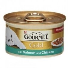 Konservuotas kačių ėdalas GOURMET GOLD, su lašiša ir vištiena, 85 g