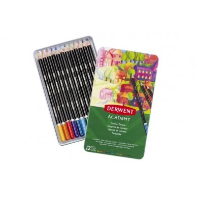 Spalvotų pieštukų rinkinys Derwent Academy, 12 spalvų, metalinėje dėžutėje